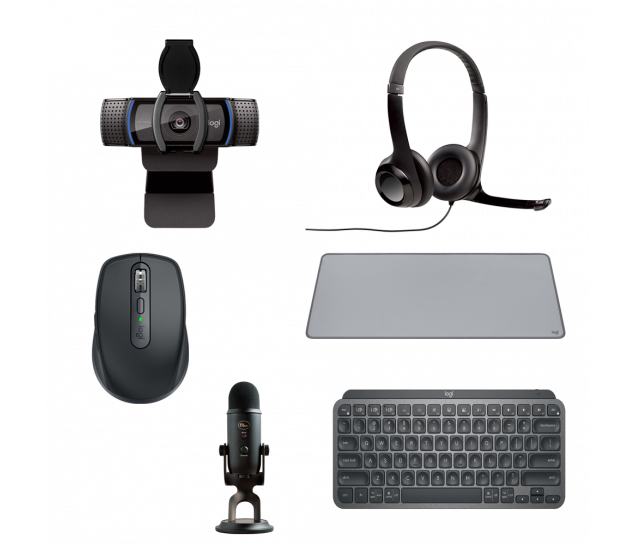 Kit Logitech Performance Mouse + Teclado + Mouse Pad + Headset + Webcam + Microfone - Grafite e Preto