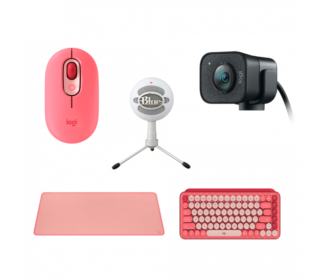 Kit Mouse + Teclado + Mouse Pad + Webcam + Microfone - Rosa e Branco