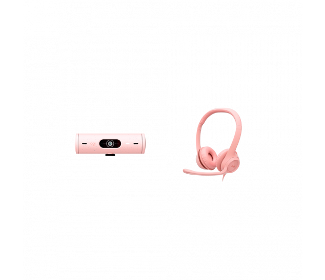 Headset com fio USB Logitech H390 - Rosa + Webcam Full HD Logitech Brio 500 - Rosa 