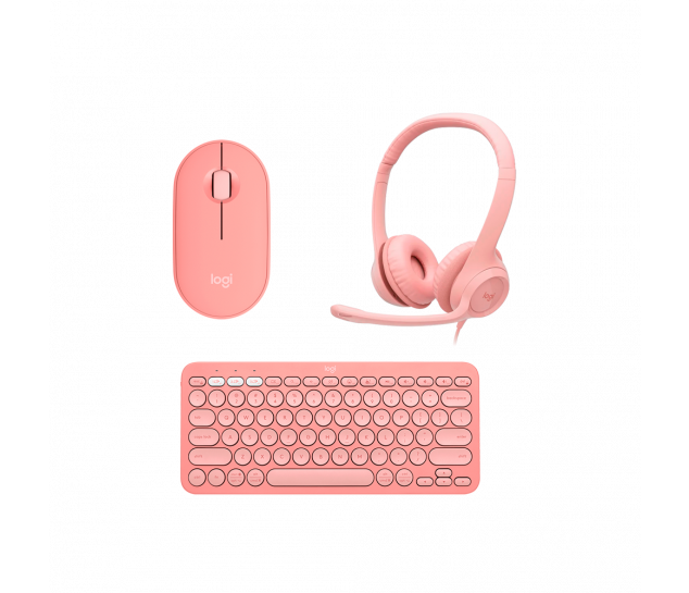 Mouse Sem Fio Logitech Pebble Mouse 2 M350s Rosa + Teclado sem fio Logitech Pebble Keys 2 K380s - Headset com fio USB Logitech H390 - Rosa 
