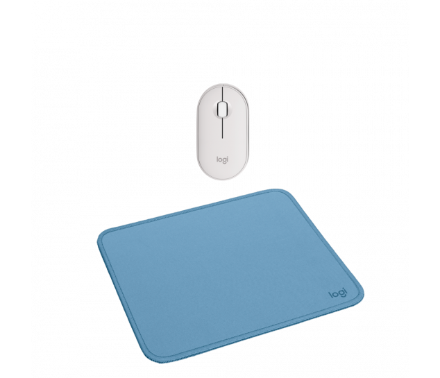 Mouse Sem Fio Logitech Pebble Mouse 2 M350s Branco + Mouse Pad Logitech Studio Series - Azul