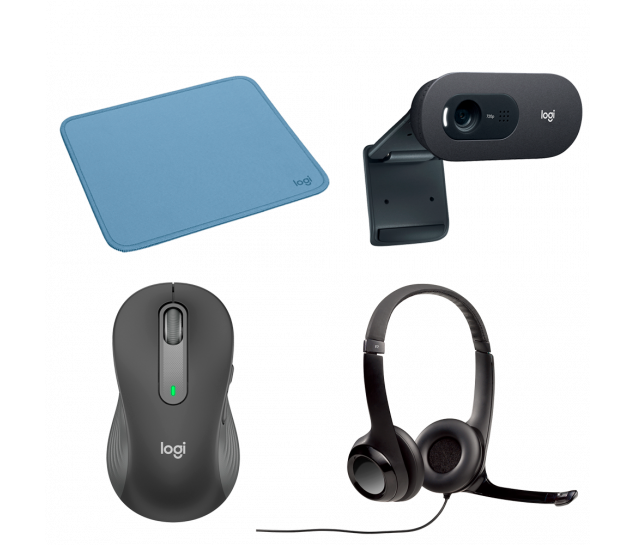 Kit Logitech Essencial Mouse + Mousepad + Headset + Webcam - Grafite e Azul