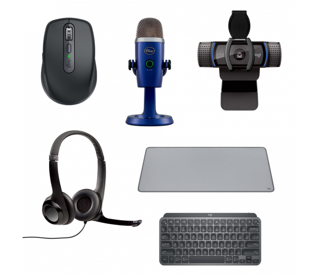 Kit Logitech Performance Mouse + Teclado + Mouse Pad + Headset + Webcam + Microfone - Grafite e Azul