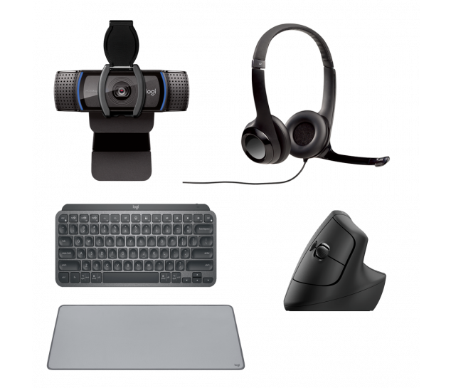 Kit Logitech Healthy Mouse + Teclado + Mouse Pad + Headset + Webcam - Grafite e Cinza
