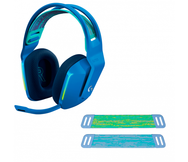 Fone De Ouvido Mic Logitech Gamer G733 LIGHTSPEED S/Fio Azul + Faixa De Cabeça Logitech P/ Headset G733 G335 Lilas